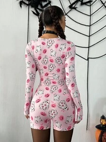 SHEIN Unity 女式万圣节可爱鬼脸粉色印花长袖紧身弹力节日 Y2K 针织纽扣连体裤 - 粉色 - 查看 2