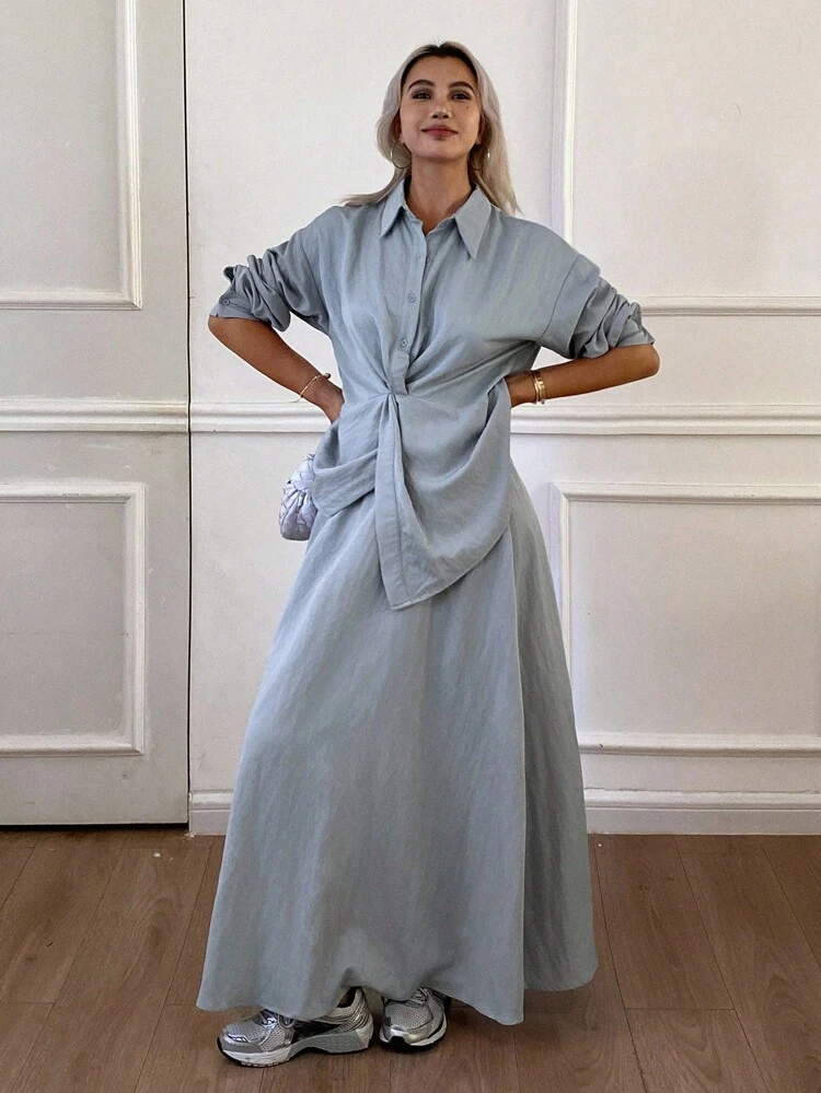 2pcs Women's Casual Solid Color Twist Knot Loose Shirt And Wide Leg Maxi Pants Set