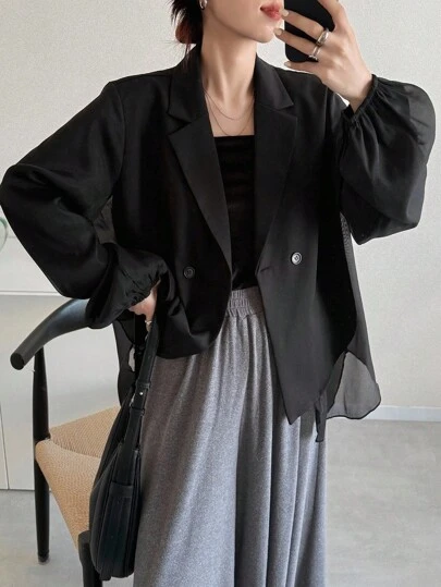 FRIFUL 女士纯色灯笼袖外套，时尚通勤黑色西装外套，女士宽松西装外套，宽松夹克，黑色夹克，女士西装外套，商务装