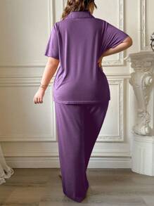 SHEIN Plus Size Simple Solid Color Soft & Skin-Friendly Button-Up Pajama Set, Outfits - Purple - View 2
