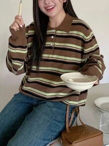 Dazy Plus Sweter damski w paski z kołnierzykiem polo i luźnym krojem w dużych rozmiarach, uniwersalny na jesień/zimę - Brązowy - Zobacz 8