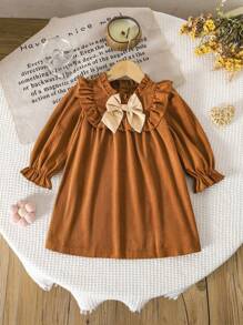 SHEIN Vestido Casual de Outono/Inverno para Meninas Bebê com Bloco de Cores Elegante e Decoração de Laço - Castanho - Visão 6