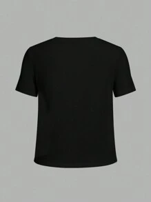 SHEIN EZwear Casual Minimalist Lips Printed Round Neck Plus Size Women's T-Shirt, Short Sleeve, Suitable For Summer - Black - View 4