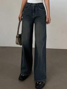 Dazy Tall 女式宽松街头休闲高腰牛仔裤 - 深色水洗藍 - 查看 4