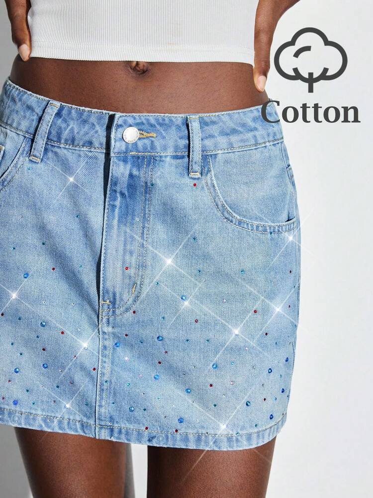 SHEIN Maija Women's Blue Denim Skirt BLINGBLING Hot Diamond Y2K Music Festival