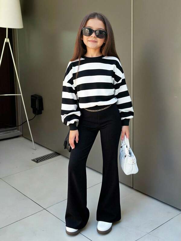 SHEIN 2pcs/Set Tween Girls Black & White Striped Sweatshirt + Flare Pants, Casual Daily Fashion Versatile Fall Winter