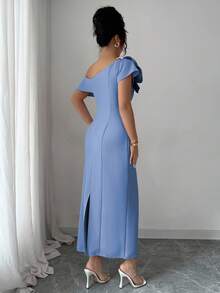 Modelyn Women's Oblique Shoulder Floral Decor French Elegant Party Dress - Blue - View 2