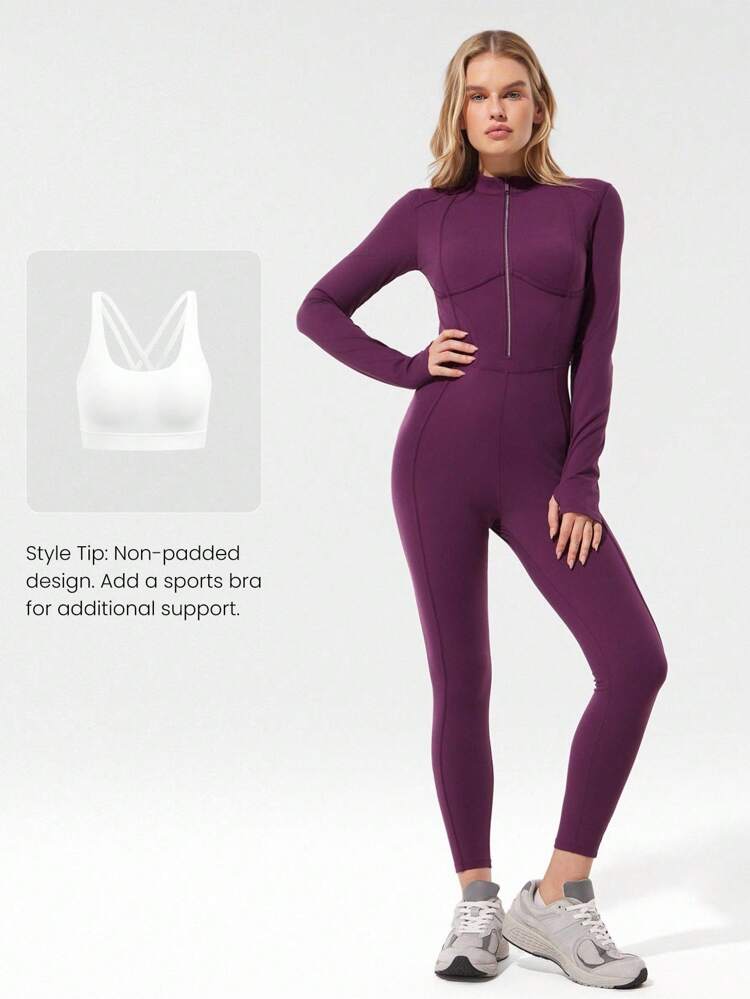 24" FeatherFit™-Air Bold Glow Soft Breathable Sweat-Wicking Front Zipper Corset-Style Waist Contrast Stripes Thumbholes Deep V-Back Removable Cups Long-Sleeve Jumpsuit Low-Impact Daily Active Wear  Spring Summer