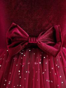Young Girls Fashion Elegant Burgundy Star Sequin Mesh Tulle Dress, Jewel Neck, Long Sleeve, Bowknot Princess Party Dress, Spring/Autumn Burgundy Velvet Dress For Girls Girls Party Dress Long Sleeve Girls Dress Fall Winter  Princess  Halloween/Christmas Party Dresses For  Vacation  Autumn And Winter