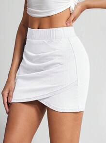 Flexra Women's Casual Solid Color Wrap Fitted Denim Mini Skirt, Summer/White Tight Skirt/Y2K Denim Skirt/White Denim Skirt - White - View 7