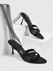 CUCCOO SZL Zapatos de mujer de tacón alto con punta afilada y cordones de satén negro de 8 cm - Negro - Ver 2