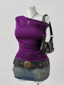 Sunspun Plus Size Off Shoulder Ruched High Stretch Dark Coffee Cropped Casual T-Shirt, & Minimalist For Beach, Date, Party