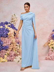 SHEIN Belle Váy dài tay bèo nhún tay lệch thanh lịch, thích hợp cho đám cưới, sự kiện trang trọng, hẹn hò, phù dâu - Màu xanh lam - Xem 6