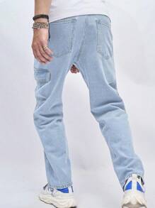 Chillumni 男士多口袋休闲日常牛仔裤，春秋季 - 淺色水洗藍 - 查看 5