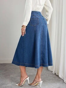 SHEIN Elenzya Chân váy Maxi denim giặt nút phía trước - Rửa tối - Xem 2