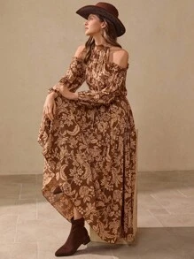 Wildy 浪漫波西米亚风荷叶边露肩长袖连衣裙，棕色，美式乡村度假风格长裙长袖长波西米亚风连衣裙花卉长裙大地色长裙露肩长裙秋季服装乡村音乐会服装返校节西部服装女式波西米亚风女装乡村服装女式百褶裙度假服度假服女式西部连衣裙狂欢服装 - 棕色 - 查看 3