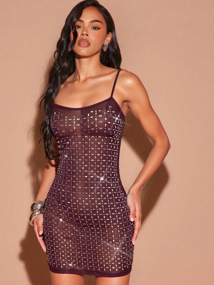 Hauture 性感方形热固定吊带紧身迷你连衣裙 - 中紫紅色 - 查看 1
