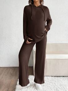 SHEIN 2件套孕妇休闲纯色连帽上衣和裤子套装