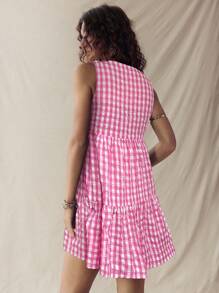 SHEIN LUNE 美国西部乡村度假航海风黑白格子蝴蝶结迷你连衣裙 - 淺粉色 - 查看 2