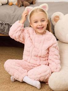年轻女孩 2 件冬季柔软毛绒心形镂空法兰绒睡衣套装，休闲舒适家居服年轻女孩蓬松睡衣女孩蓬松睡衣 - 淺粉色 - 查看 3
