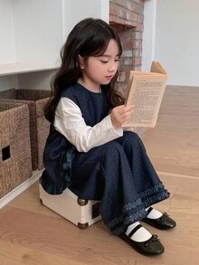 DAZY 两件套女童圆领无袖韩版牛仔衬衫和宽松牛仔裤套装 - 藍色 - 查看 5