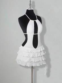 SHEIN ICON 多层网眼镂空深V领分层荷叶边下摆挂脖连衣裙 - 白色 - 查看 4
