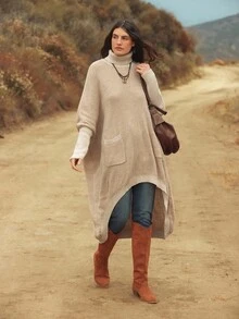 Freevana Plus Size Casual Solid Color Turtleneck Batwing Sleeve Long Sweater Long Sweaters For Women Women Fall Clothes Oversized Sweaters For Women Boho Sweaters For Women Batwing Sweaters For Women