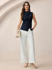 BizChic 2025 秋冬海军蓝露肩褶饰腰部衬衫，优雅现代，适合商务、休闲、办公室、约会、派对、旅行、浪漫、乡村音乐节、韩式、机场、婚礼嘉宾、生日、万圣节、圣诞节 - 藏蓝色 - 查看 5