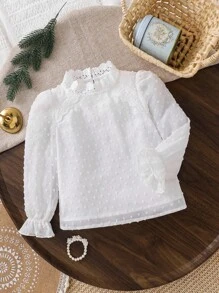年轻女孩复古优雅蕾丝拼布，V 领，长喇叭袖，荷叶边下摆和精致珍珠纽扣，白色长袖衬衫纽扣衬衫长袖上衣长袖衬衫，秋冬，非常适合休闲和日常穿着和学校日常，学院风格，返校 - 白色 - 查看 3