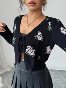 Modelyn 女士优雅花卉提花系带短款开衫 - 黑色 - 查看 6