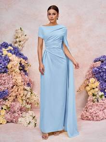 SHEIN Belle Váy dài tay bèo nhún tay lệch thanh lịch, thích hợp cho đám cưới, sự kiện trang trọng, hẹn hò, phù dâu - Màu xanh lam - Xem 5