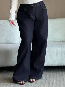 Dazy Plus Dark Wash Blue Waistband Patchwork Drawstring Straight Leg Long Jeans, All Season Baggy Jeans