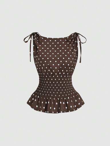 Sweetra Women's Elegant Polka Dot Shoulder Tie Bow Waist Drawstring Sleeveless Top, Flattering Casual Everyday Wear