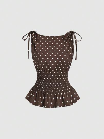 Sweetra Women's Elegant Polka Dot Shoulder Tie Bow Waist Drawstring Sleeveless Top, Flattering Casual Everyday Wear
