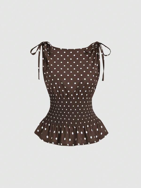 Sweetra Women's Elegant Polka Dot Shoulder Tie Bow Waist Drawstring Sleeveless Top, Flattering Casual Everyday Wear