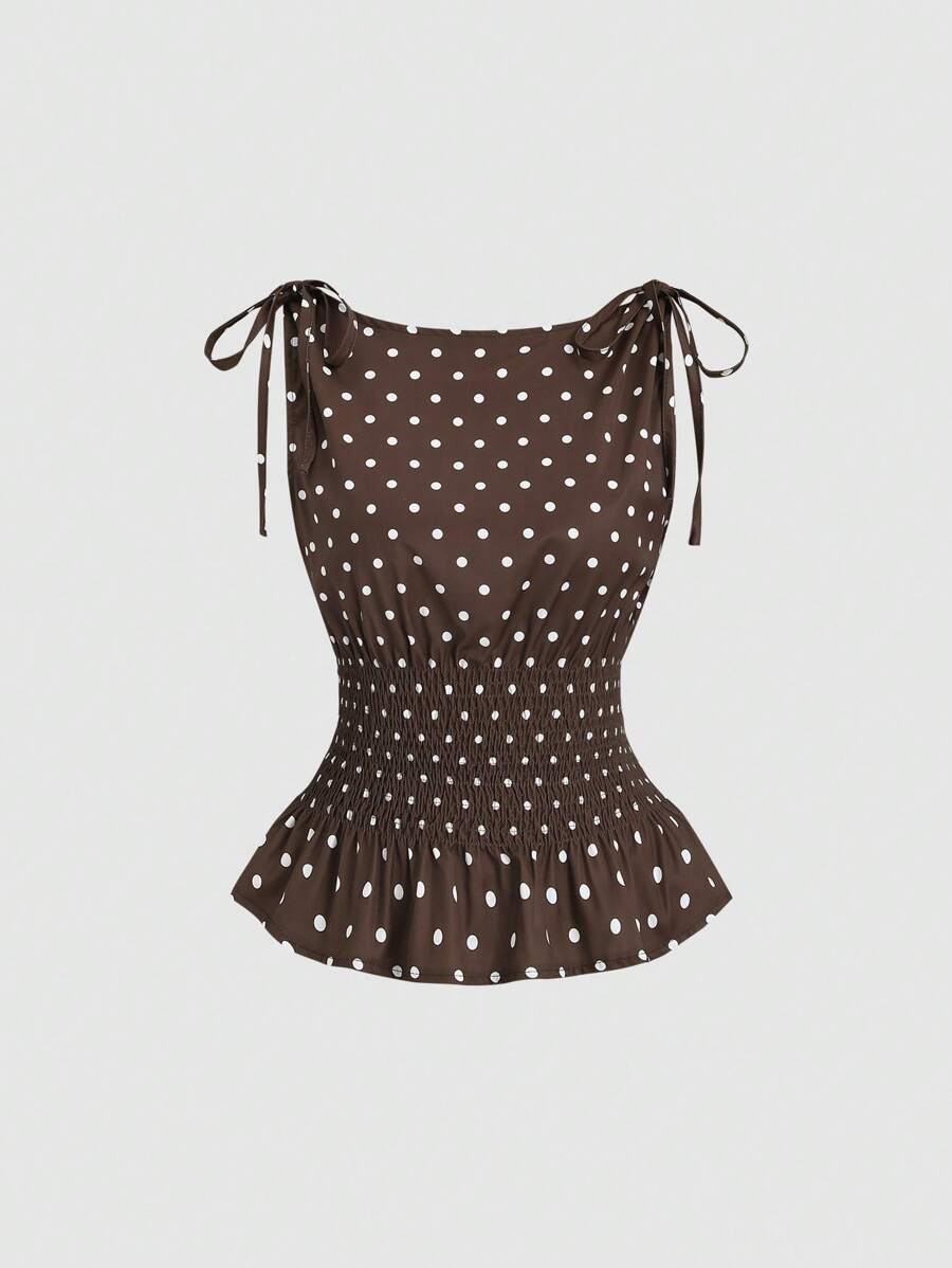 Sweetra Women's Elegant Polka Dot Shoulder Tie Bow Waist Drawstring Sleeveless Top, Flattering Casual Everyday Wear
