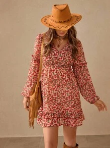 Wildy Romantic Countryside Ditsy Floral Long Sleeve Ruffle Hem Short Dress - Brown - View 1