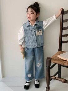 Dazy Kids Young Girls Lace Patchwork Casual Loose Denim Vest