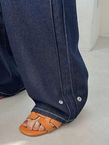 FRIFUL Women's Pocket Loose Wide Leg Casual Versatile Jeans Wide Leg Jeans Women Women Jeans Baggy Drawstring Pants Elastic Waist Jeans Baggy Jeans - Blue - View 4