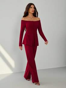 SHEIN Tall Women Plain Front Button Long Sleeve Off Shoulder Minimalist Top And Long Pants Suit Set In Fall/Winter