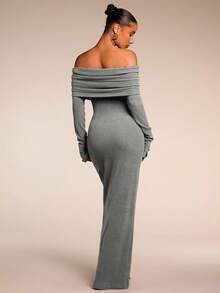 SHEIN BAE Women's Solid Color Cold Shoulder Long Sleeve Casual Sexy Long Dress Party Night Out Date Night Dinner Bar Outfits New Years Wedding Guest - Dark Grey - View 2