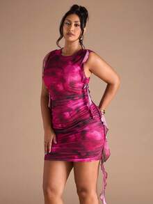 SHEIN BAE Plus Size Women Mesh Floral Print Ruffle Tie Waist Mini Dress - Black - View 4