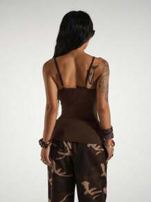 StreetHx Women's Punk Style Black Rhinestone Decorated Camisole - Coffee Brown - View 2