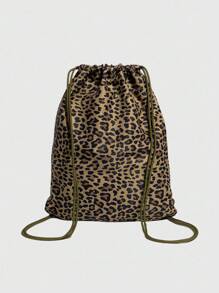 ROMWE Anime Vintage Leopard Print Large Capacity Multi-Pocket Drawstring Backpack Y2k Casual Fashion Unisex Backpack Suitable For Vacation, College, Party - Brown - View 4