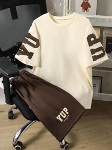 SHEIN Mirajuku 2pcs Male Teen Summer Casual Outdoor Letter Print Round Neck Short Sleeve T-Shirt And Outdoor Sports Shorts Set Young Boys Clothing 8 Youth Boys Set Outfit Set Teen Boys Outfits Youth Boy Clothes 10 Summer Holiday