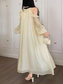 Feyla Women's Elegant Cream And Black Contrast Color Tie Neck Ruffle Hem Dress,Autumn Casual Tea Party Dress,Fall Homecoming Hoco Back To School Outfits - Apricot - View 6