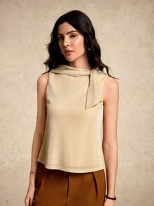 House of One Round Neck Sleeveless Chiffon Top With Train Tie Detail Women Elegant Casual Summer Autumn Tan Women Gold Top