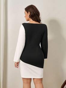 Chikora 大码拼色圆领长袖修身时尚连衣裙 - 黑與白 - 查看 2