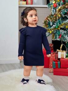 SHEIN 女婴圣诞秋冬可爱红色简约荷叶边长袖毛衣裙 - 藏蓝色 - 查看 9