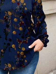 EMERY ROSE Casual Elegant Floral Pattern V-Neck Loose Blouse For Women, Suitable For Spring & Autumn Chic Blouses For Women - Navy Blue - View 3